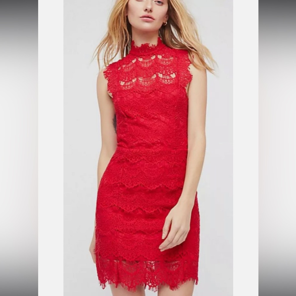 Free People Bodycon Mini Dress Red Lace Open Back Red High Neck S / P - NWT $98